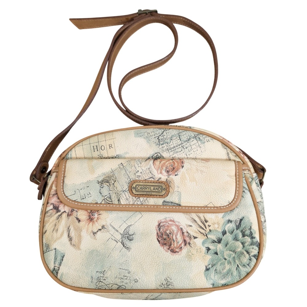 Carryland USA Vintage Style World Map Floral Crossbody Bag Tan Cream Camera Bag